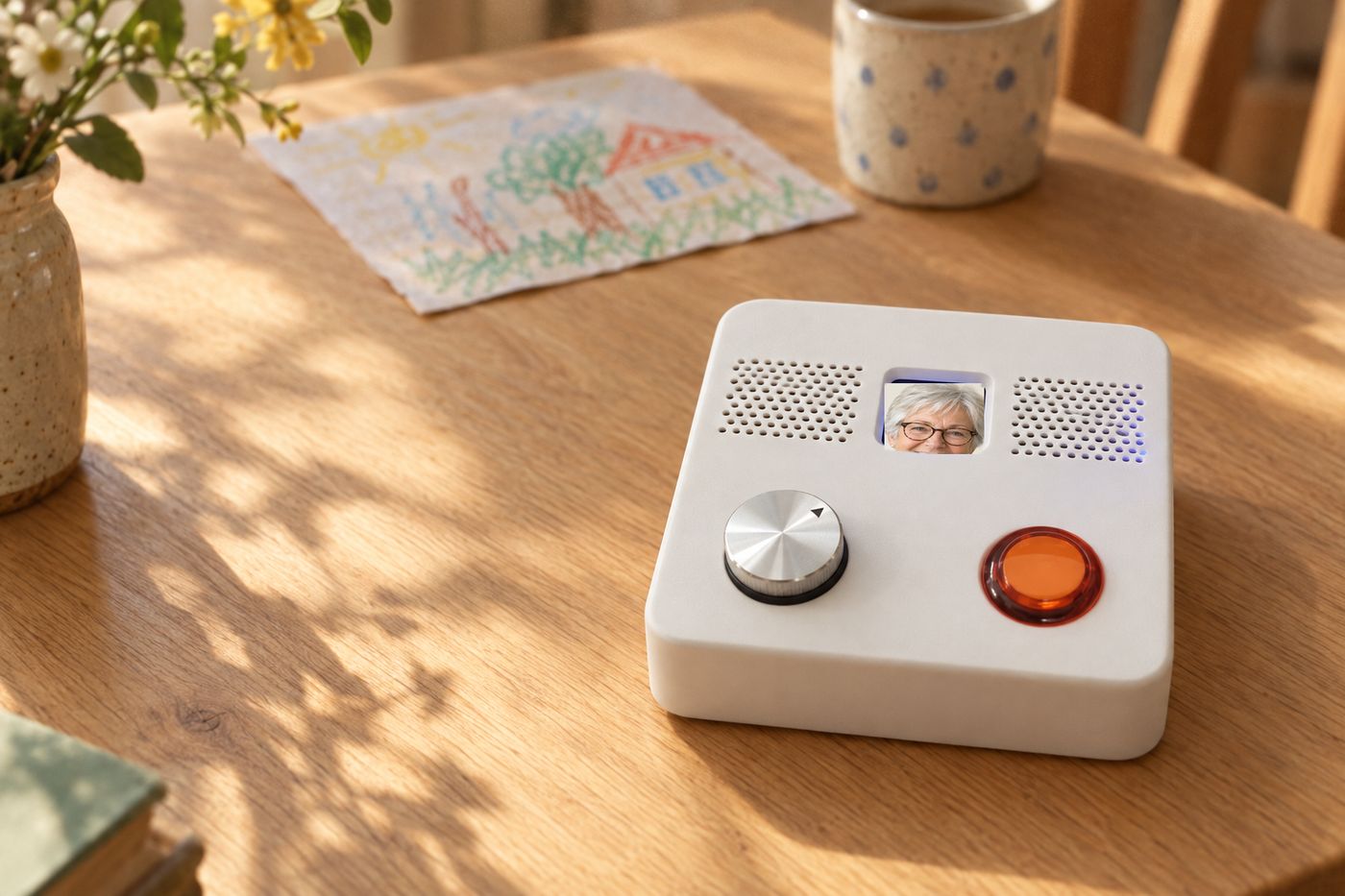 Pomma: a white box with a round dial of family faces and an orange talk button